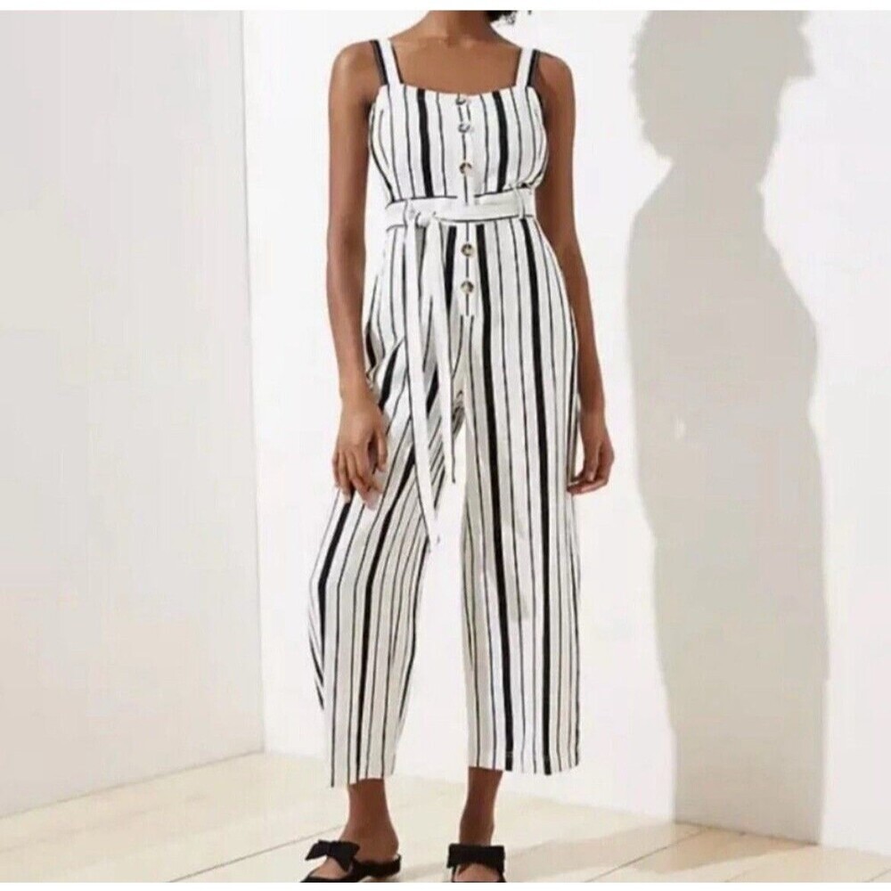LOFT Women’s Size 6 Black Striped Jumpsuit Linen Blend Belted Button Front Chic